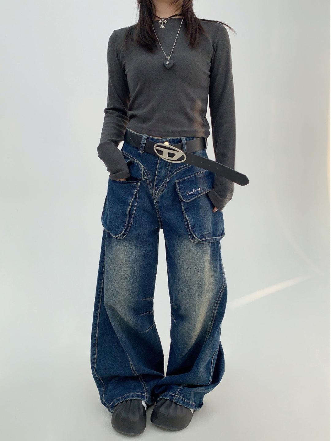 Wide-Leg Denim Cargo Pants