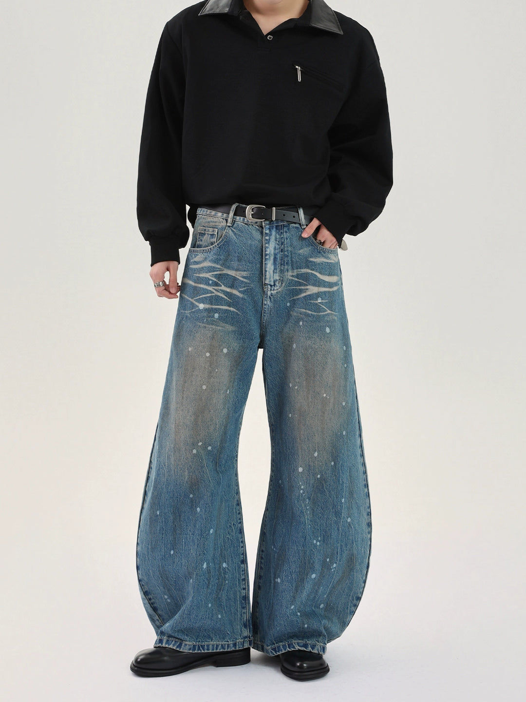 Distressed Ink-Splashed Straight-Leg Jeans