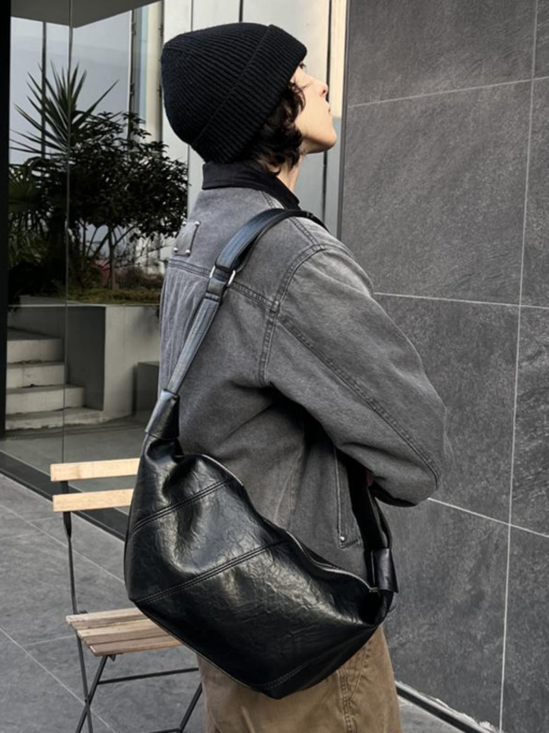 Black Leather Crossbody Hobo Bag