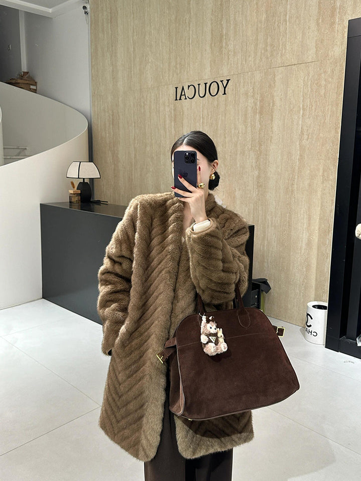 Mid-Length Herringbone Imitation Fur Coat