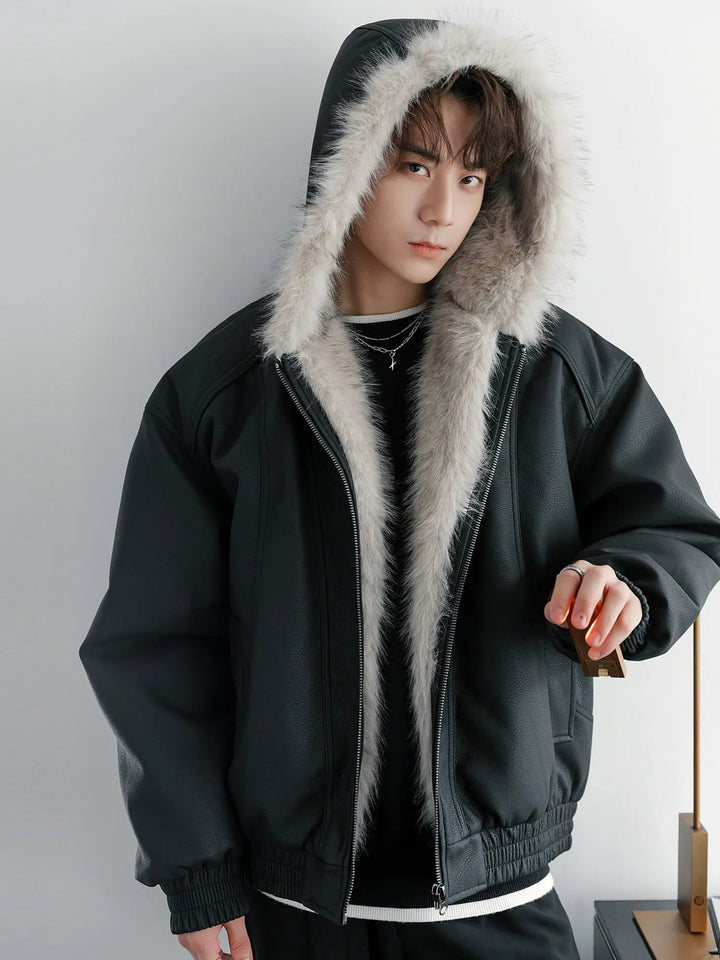 Imitation Mink Hooded Leather Jacket-The Korean Fashion