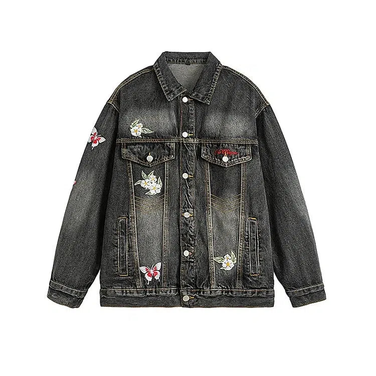 Floral Embroidery Washed Denim Jacket-The Korean Fashion