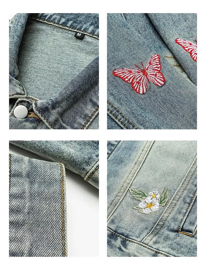 Floral Embroidery Washed Denim Jacket-The Korean Fashion