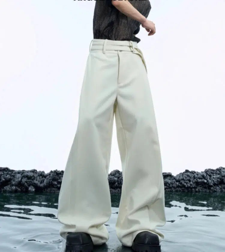 Wide-Leg Woolen Double Belt Pants-The Korean Fashion