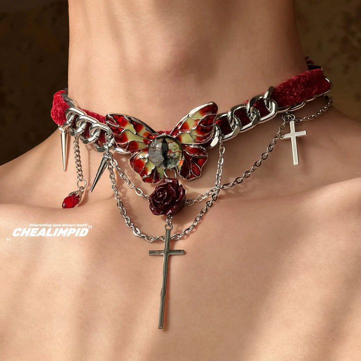 Vintage Velvet Butterfly Cross Choker Necklace-The Korean Fashion