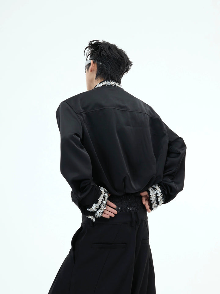 Diamond-Studded Satin Long-Sleeve Shirt