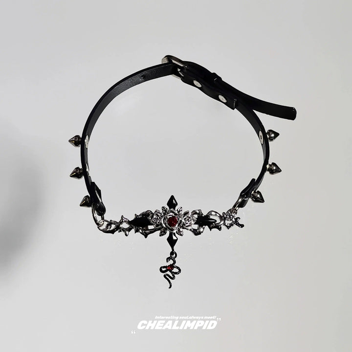 Spiked Rivet Ruby Snake Choker Necklace-The Korean Fashion