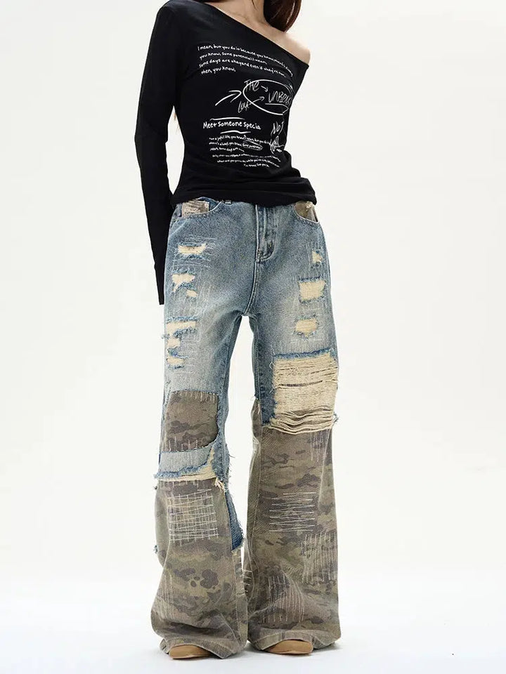 Layered Camouflage Stitching Jeans Pants-The Korean Fashion