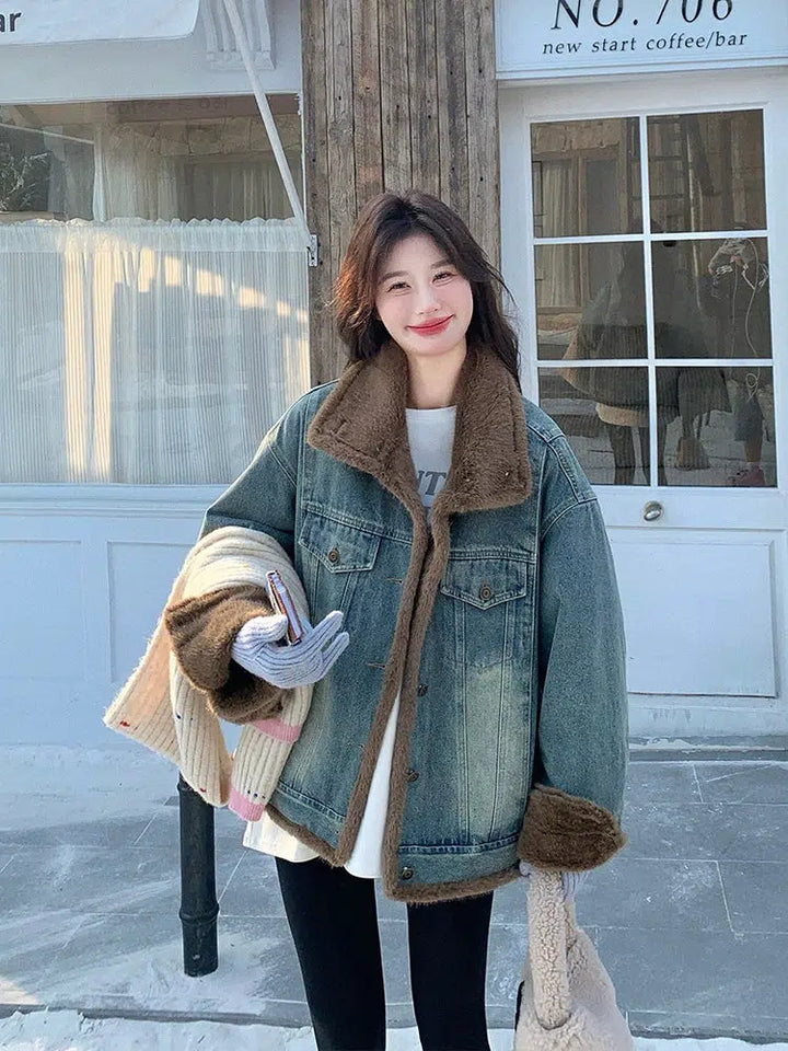 Retro Denim Parka with Lamb Wool Lining-The Korean Fashion