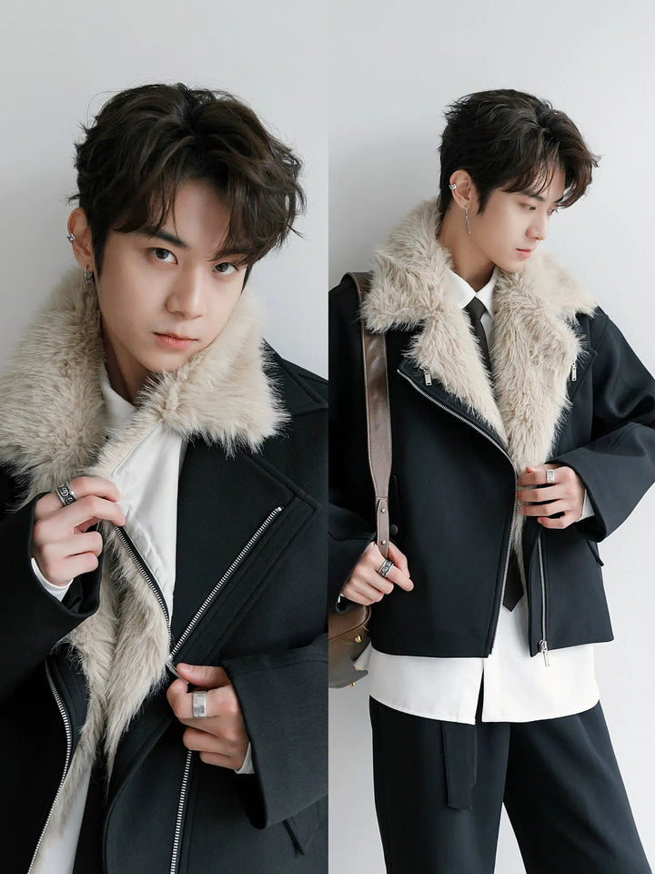 Detachable Fur Collar Motorcycle Jacket-The Korean Fashion