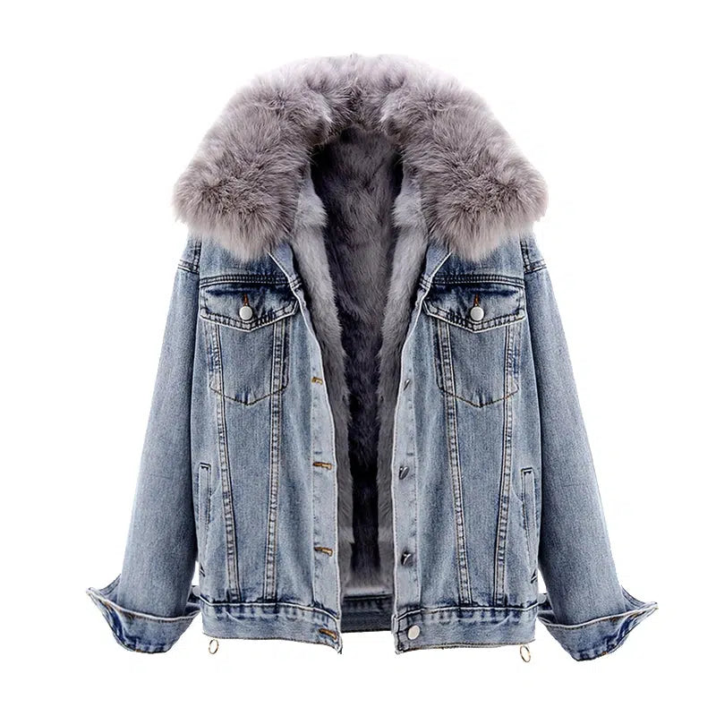 Winter Removable Fur Liner Denim Jacket with Fox Fur Collar-The Korean Fashion