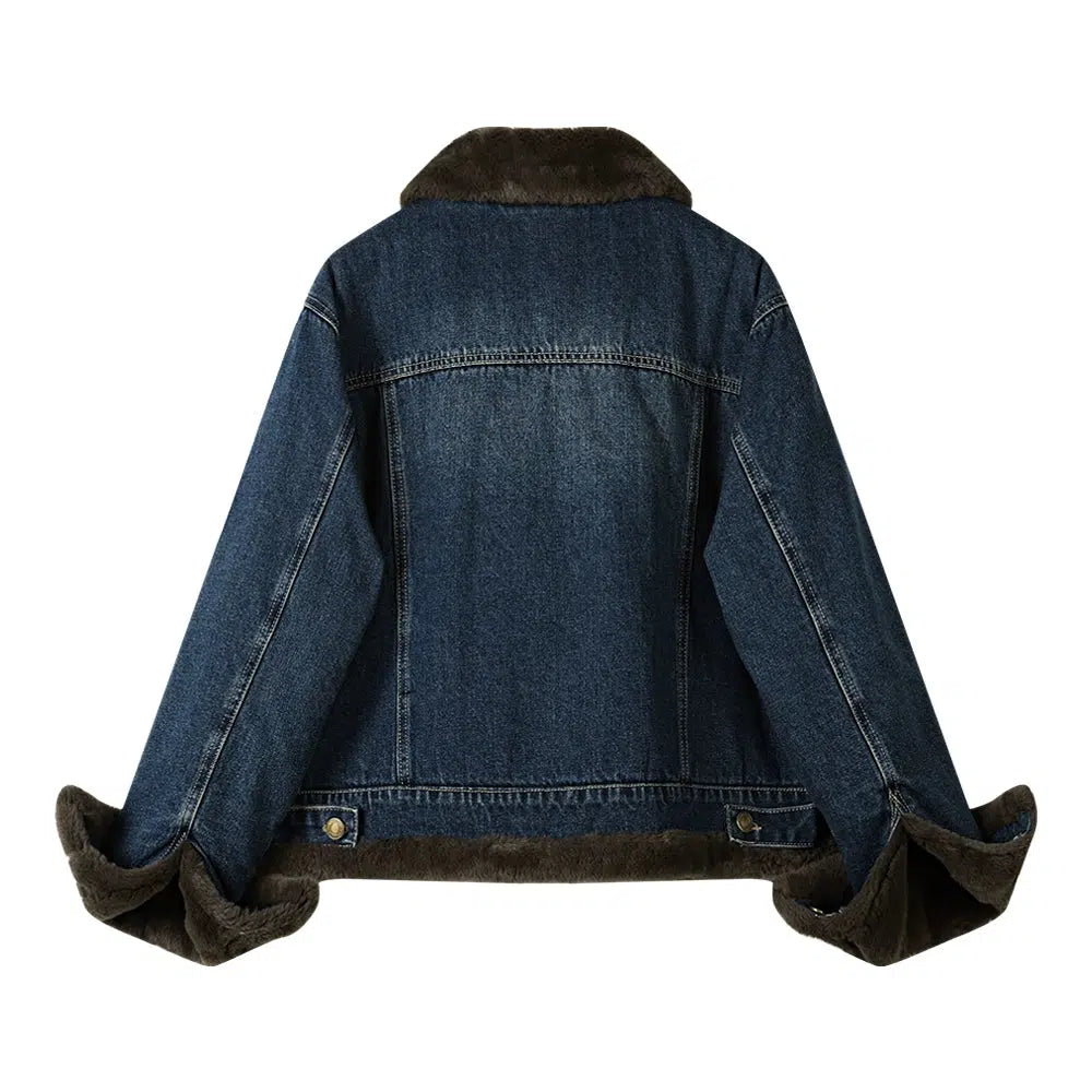 Buckle Collar Faux Fur Lined Denim Coat