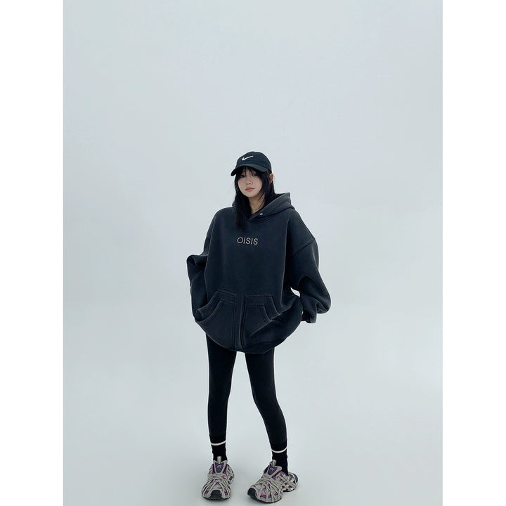 Distressed Embroidery Plush Hoodie-The Korean Fashion