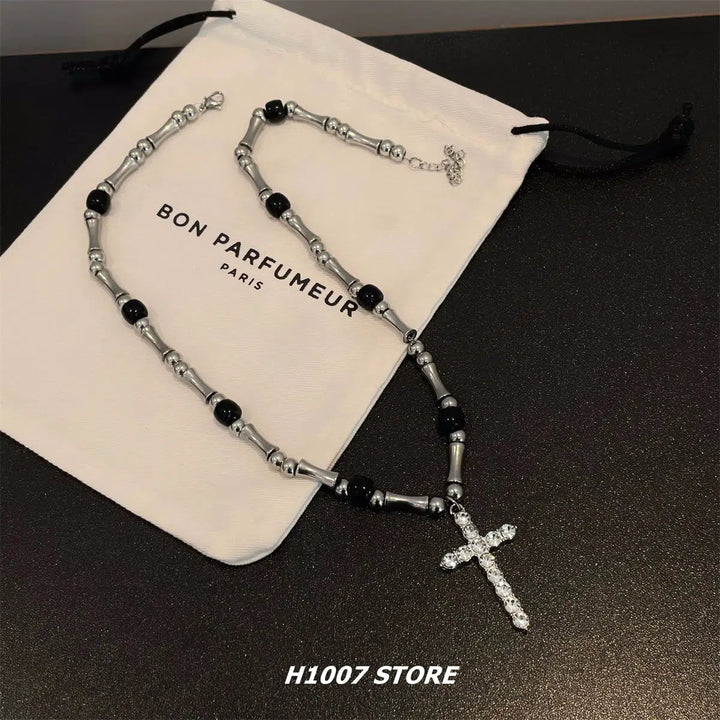 Diamond Cross Bamboo Necklace