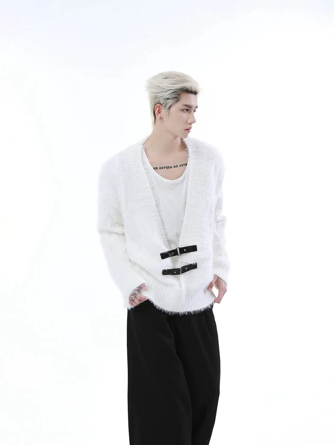 Metal Buckle V-Neck Knit Sweater Jacket-The Korean Fashion