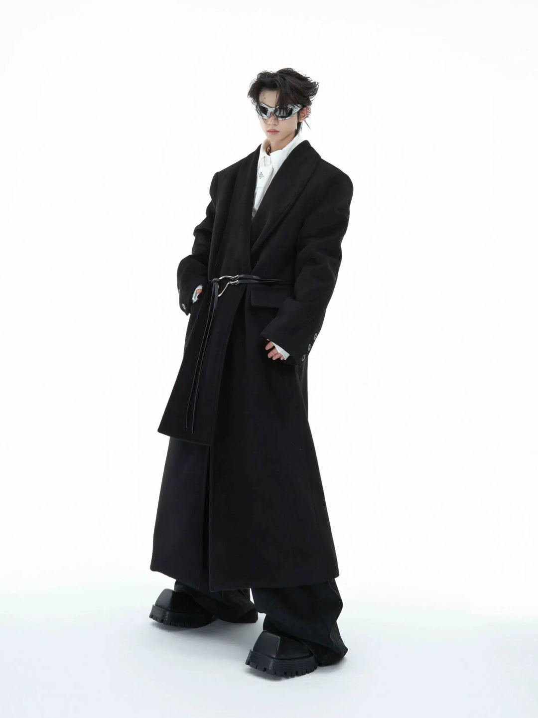 Deconstructed Woolen Long Coat with Metal Strap-The Korean Fashion