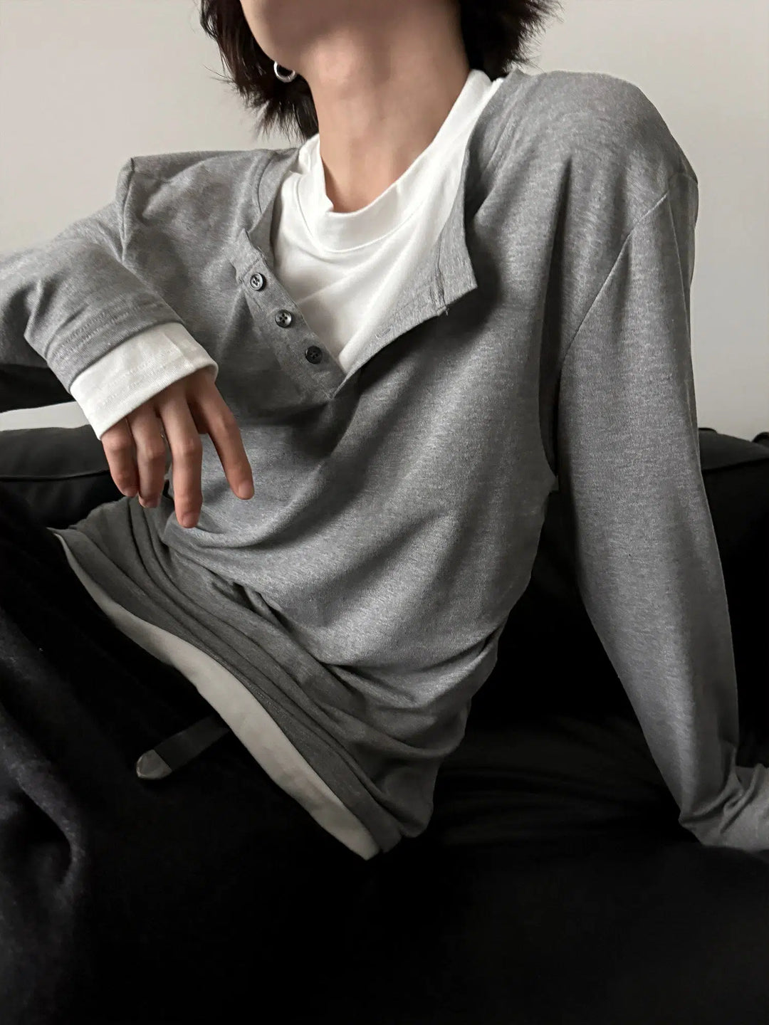 Long-Sleeve Henley Layered Pullover