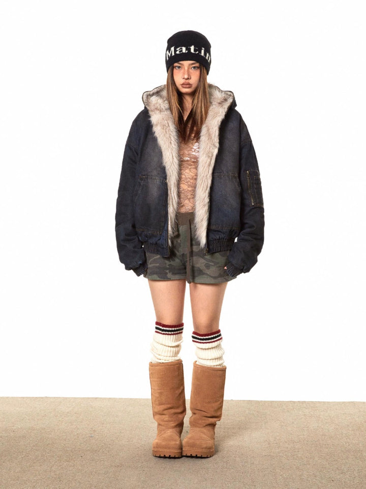 Heavy Washed Denim Fur-Lined Parka