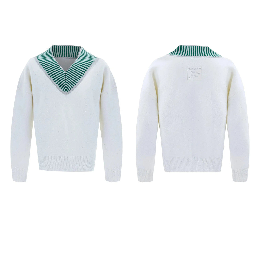 V-Neck Knitted Sweater with Contrast Trim