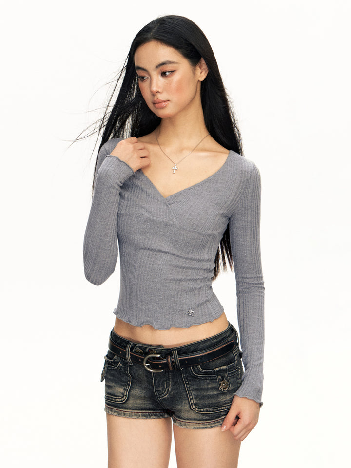 Ribbed Knit Long-Sleeve V-Neck Top