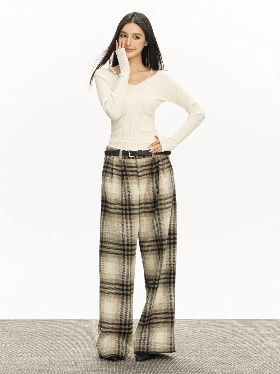 Retro Woolen Plaid Casual Pants