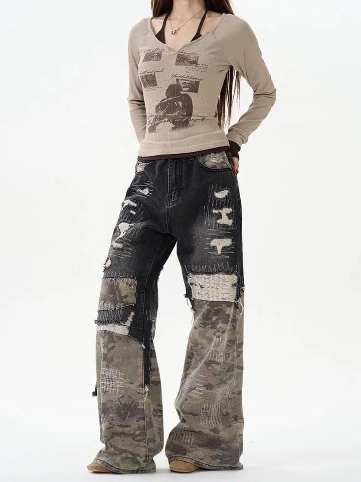 Layered Camouflage Stitching Jeans Pants-The Korean Fashion