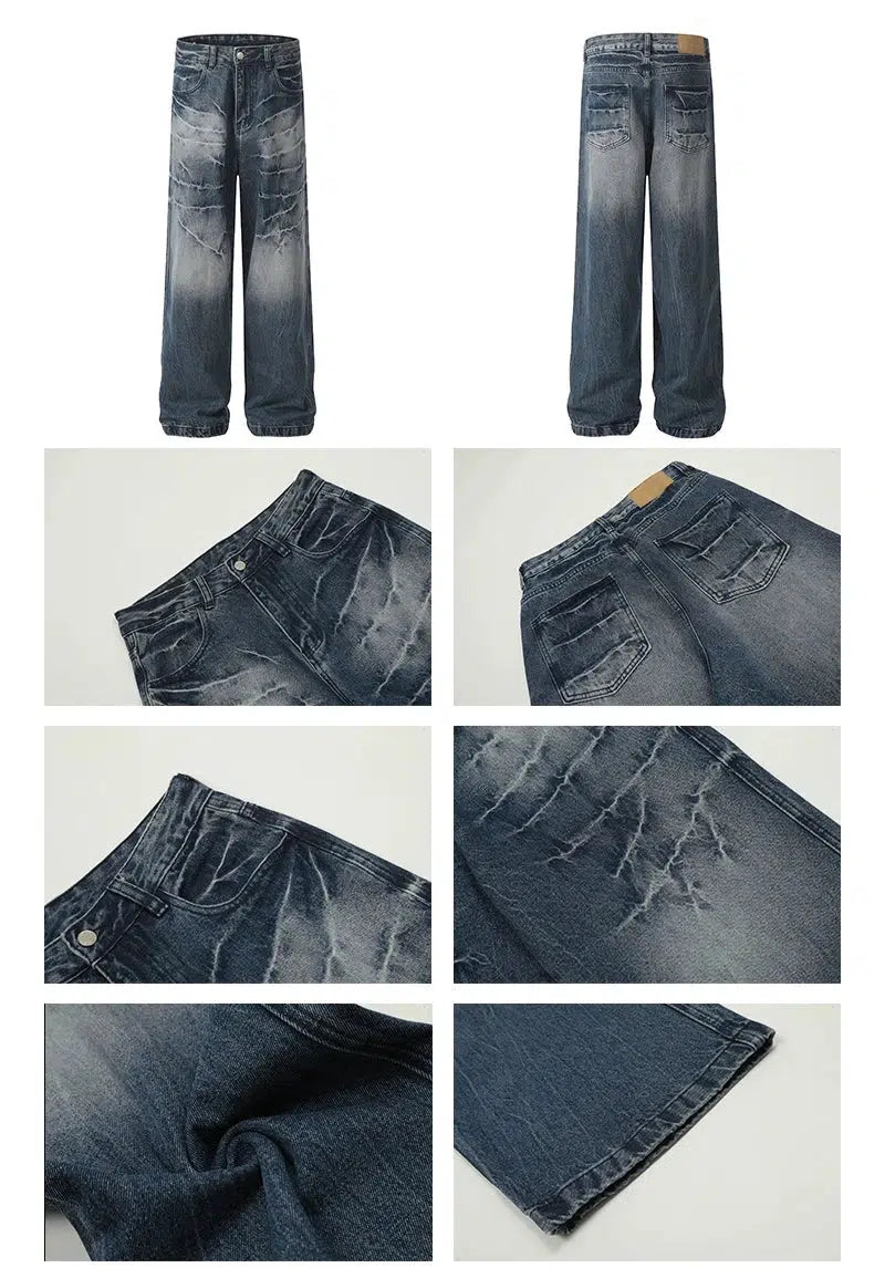 Wide-Leg Lightning Pattern Washed Jeans