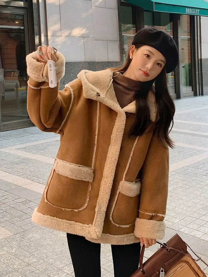 Hooded Suede Lamb Wool Winter Jacket-The Korean Fashion