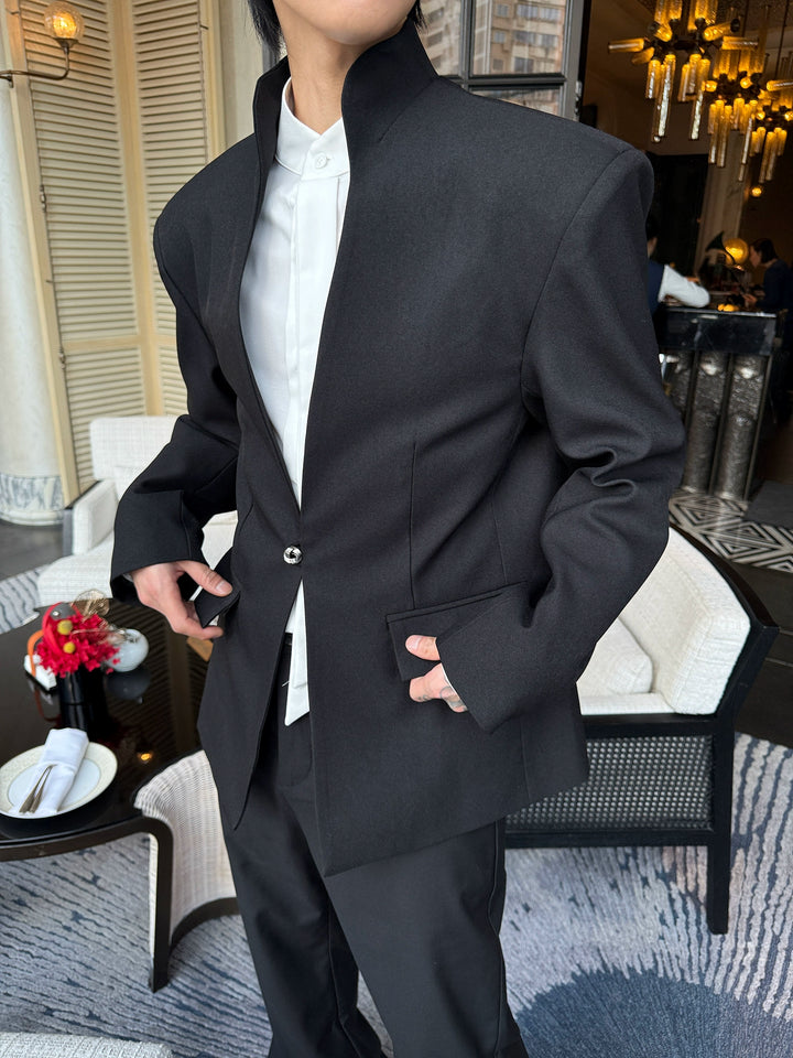 Minimalist One-Button Suit with Shoulder Pads