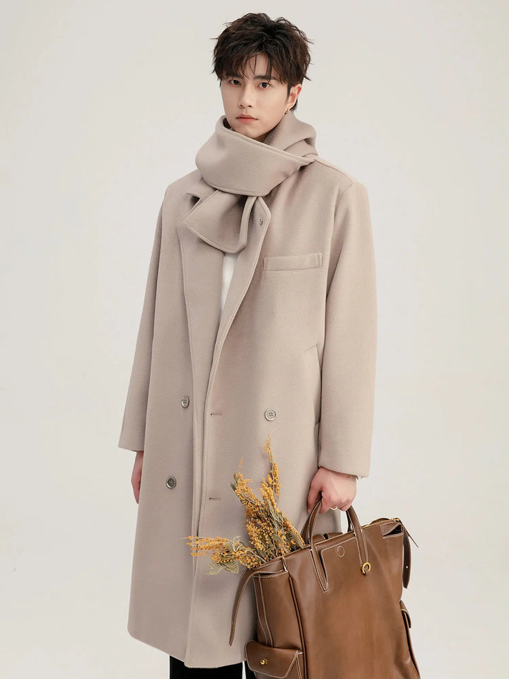 Medium-Length Wool Coat with Scarf-The Korean Fashion