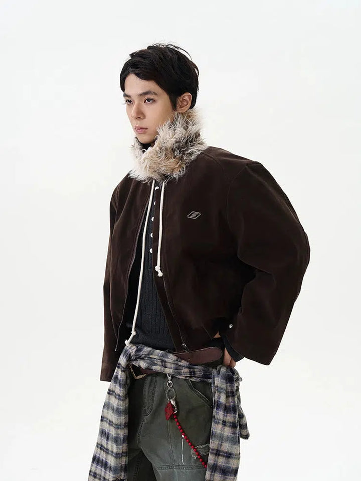 Fur Collar Canvas Leather Jacket-The Korean Fashion