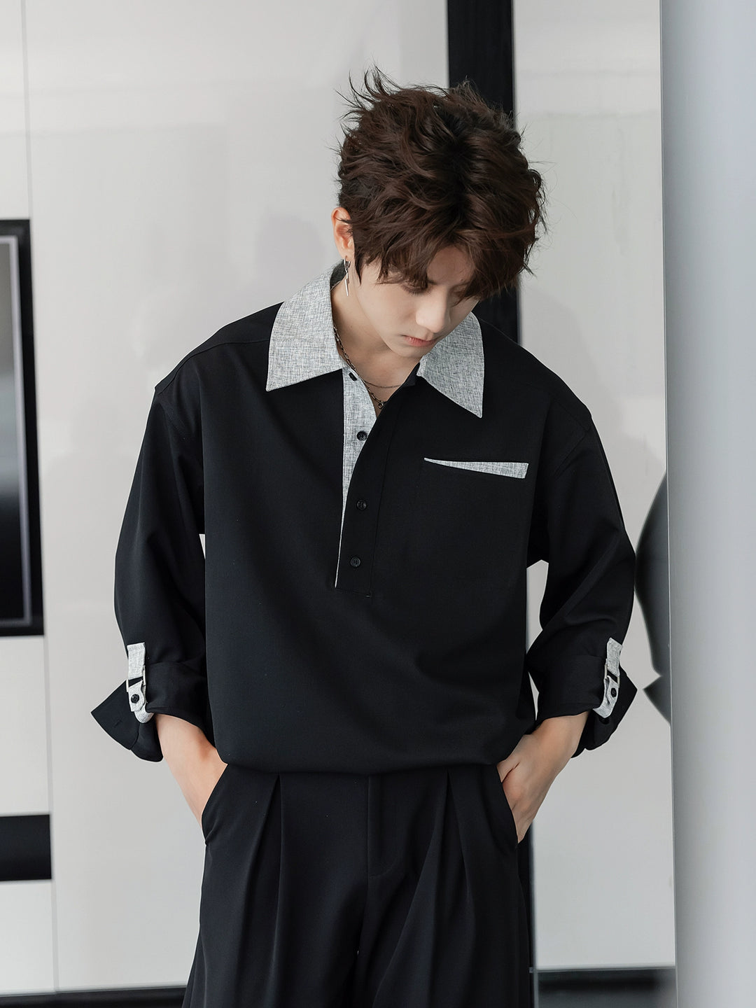 Lapel Spliced Long-Sleeved Shirt