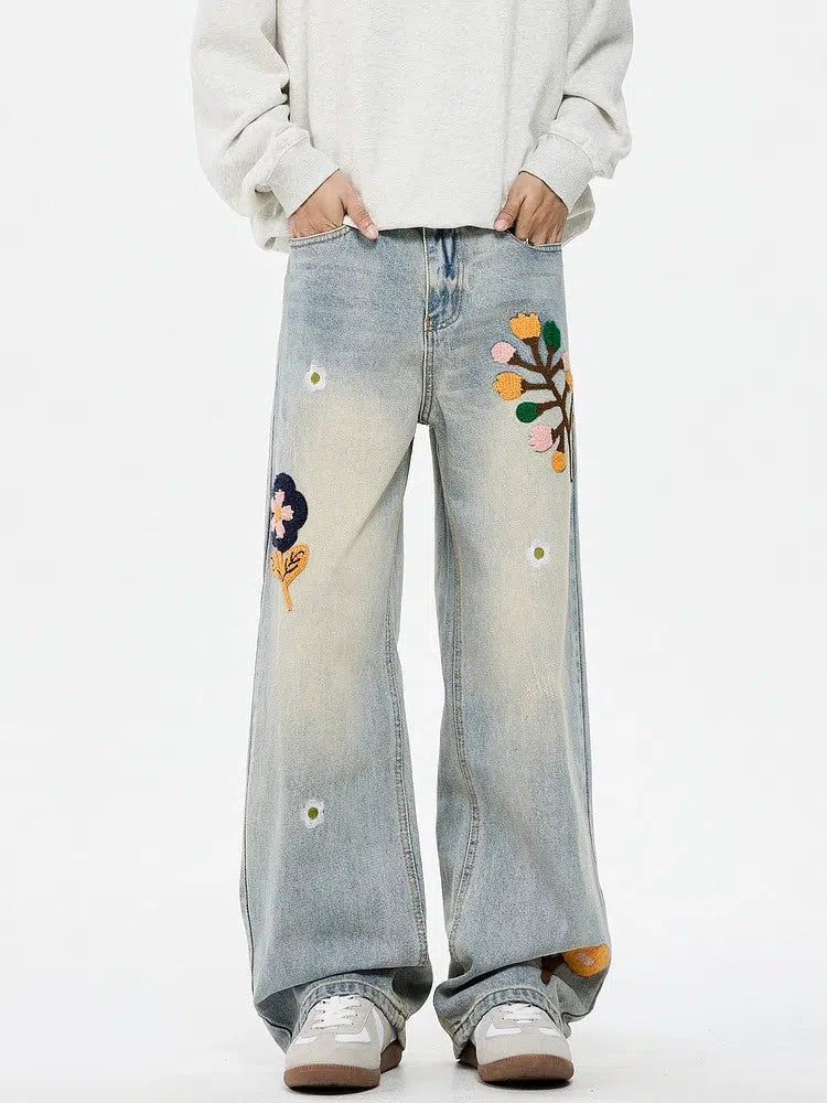 Embroidered Floral Straight-Leg Casual Jeans-The Korean Fashion