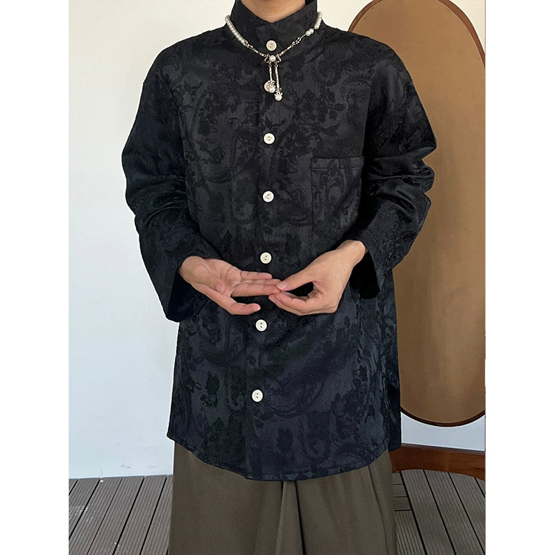 Embroidered Jacquard Stand Collar Shirt