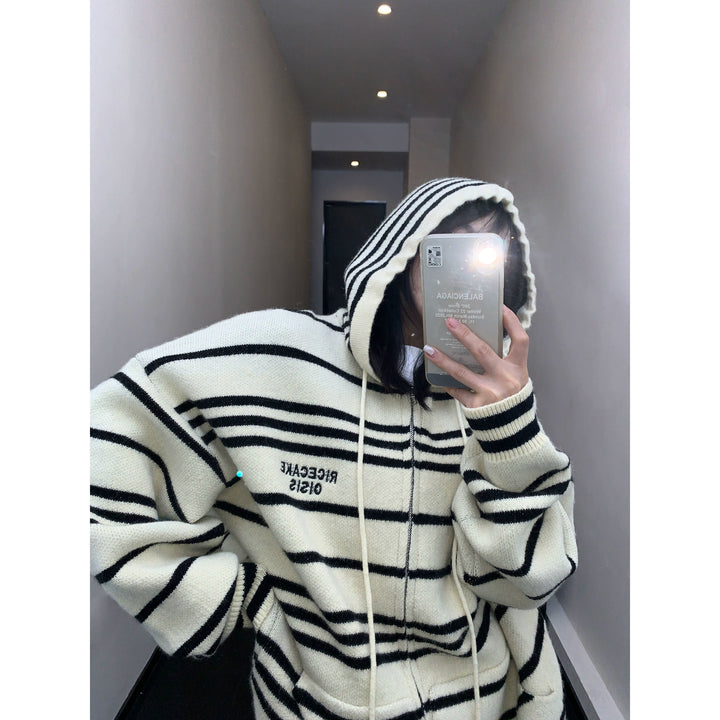 Striped Embroidered Hoodie Sweater-The Korean Fashion