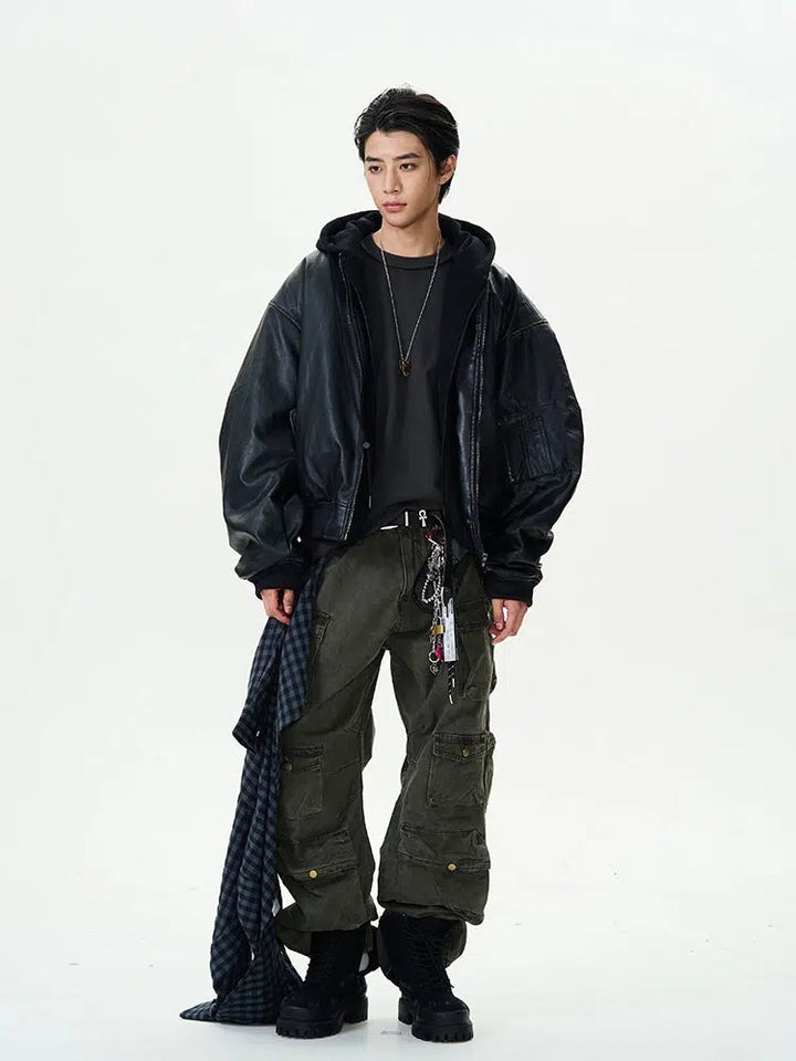 Thick Leather Bomber Jacket with Hood-The Korean Fashion