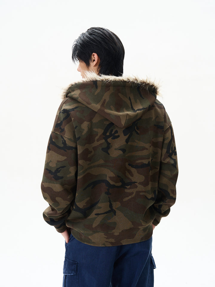 Camouflage Fur Collar Hooded Sweatshirt