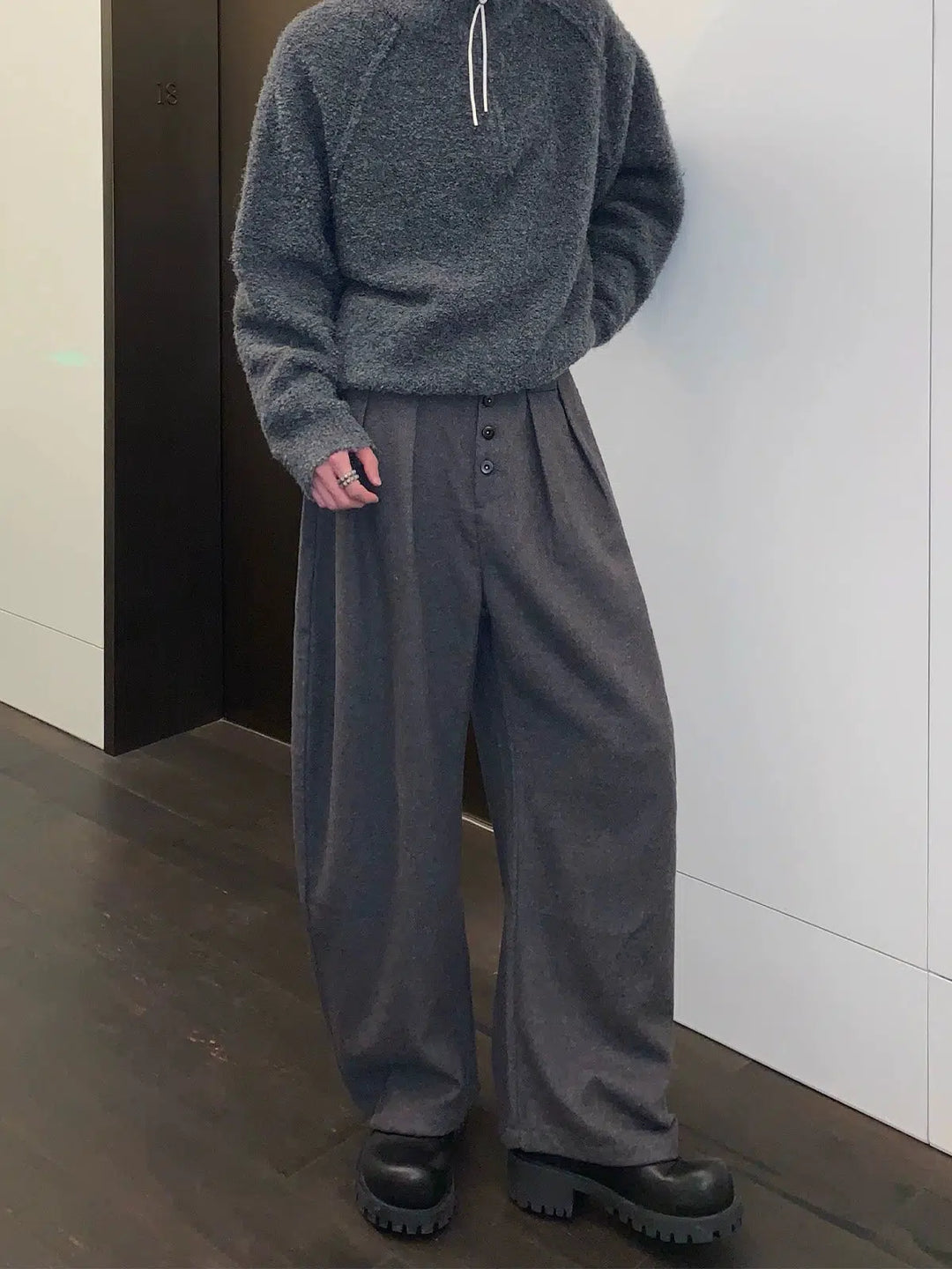 Button Straight Wool Casual Pants-The Korean Fashion