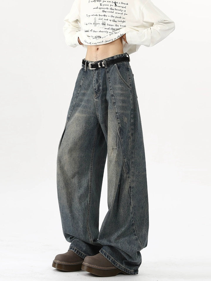 Wide-Leg Pleated Deconstructed Jeans