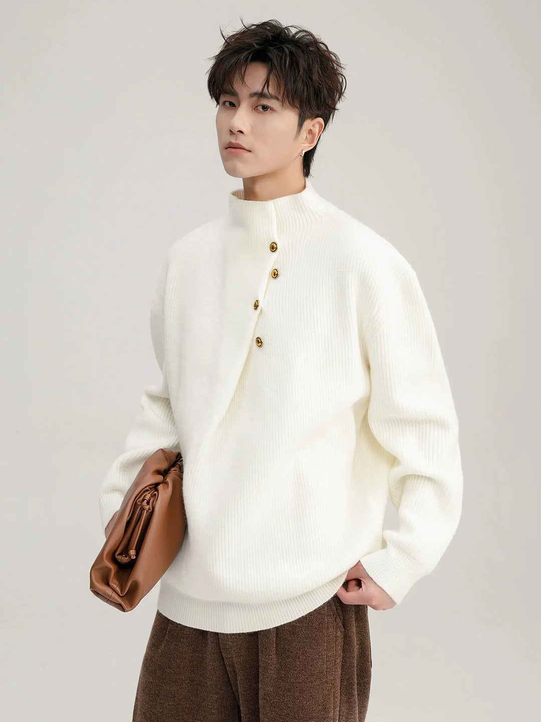 Metal Button-Up Mock Neck Knit Sweater-The Korean Fashion