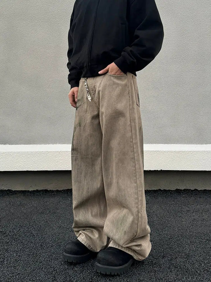 Distressed Stain-Washed Wide-Leg Jeans Pants-The Korean Fashion