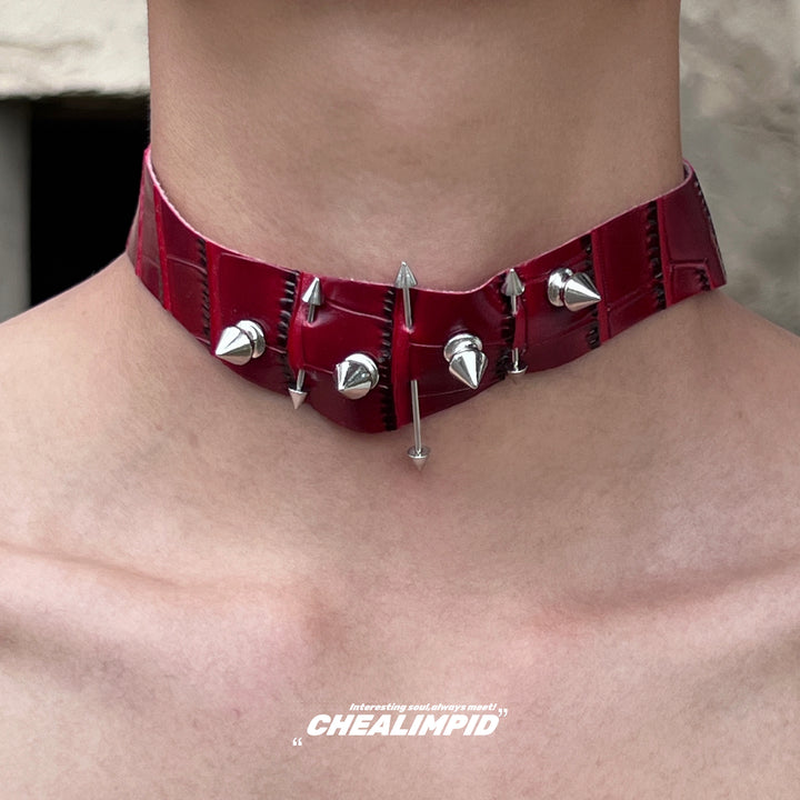 Red Leather Rivet Choker Necklace