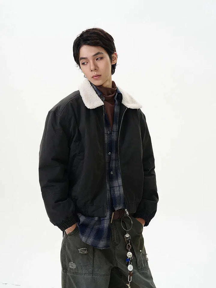 Retro Workwear Cotton Jacket with Sherpa Collar-The Korean Fashion