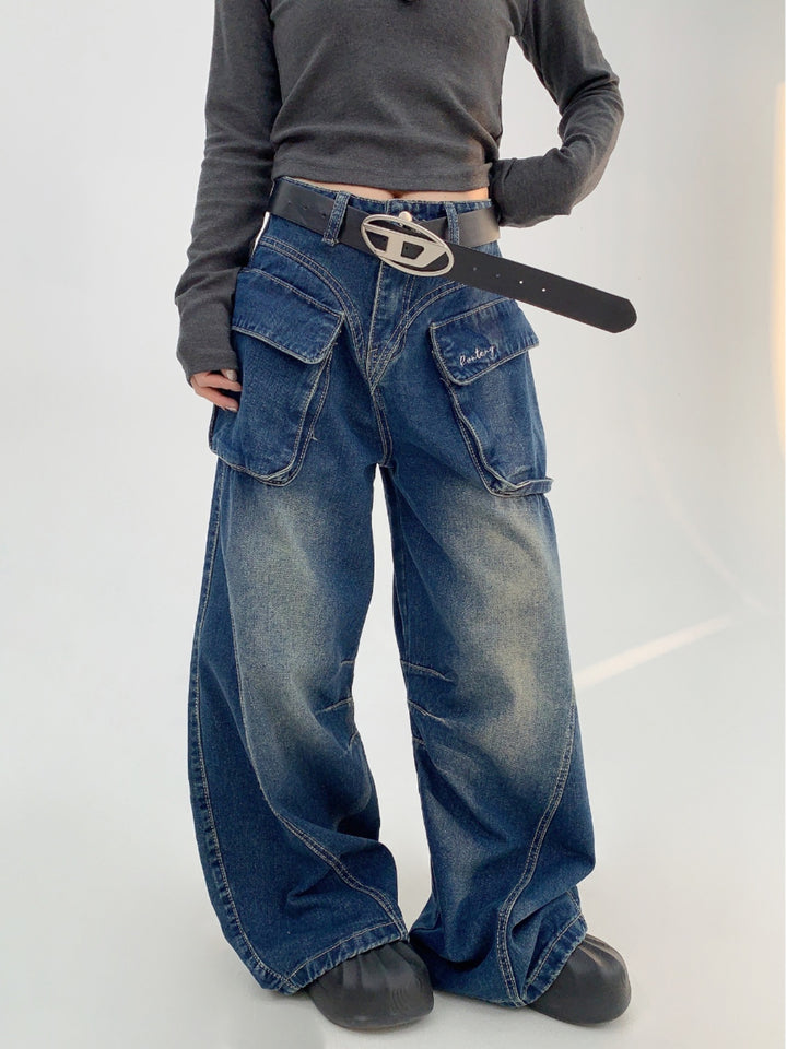 Wide-Leg Denim Cargo Pants