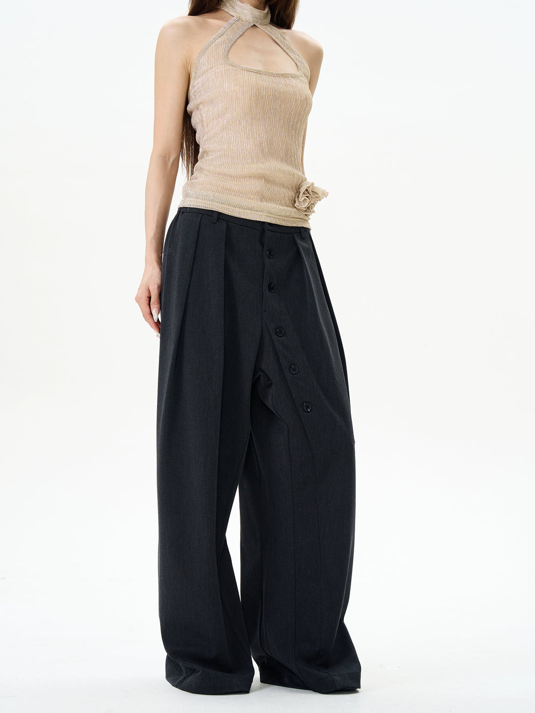 Button-Down Wide-Leg Casual Pants