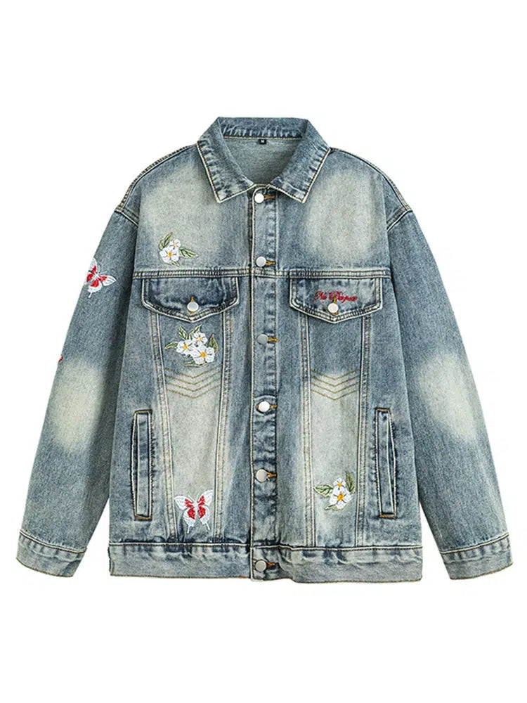 Floral Embroidery Washed Denim Jacket-The Korean Fashion