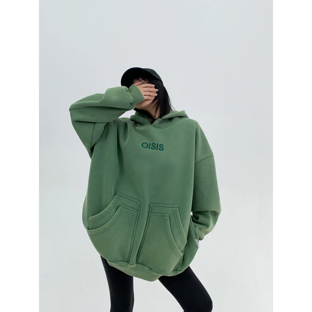 Embroidery Plush Hoodie with Distressed Design-The Korean Fashion