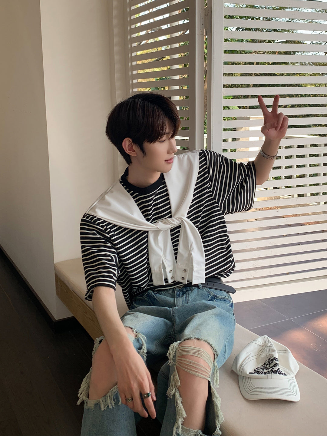 Striped Short-Sleeve T-shirt with Cape