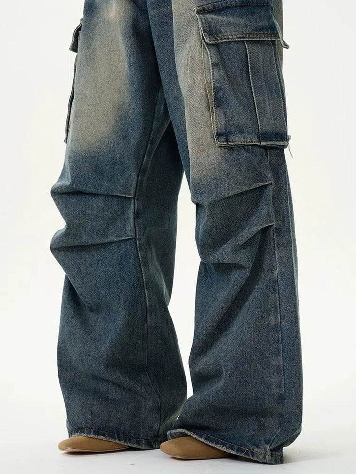 Retro Pleated Multi-Pocket Workwear Jeans-The Korean Fashion