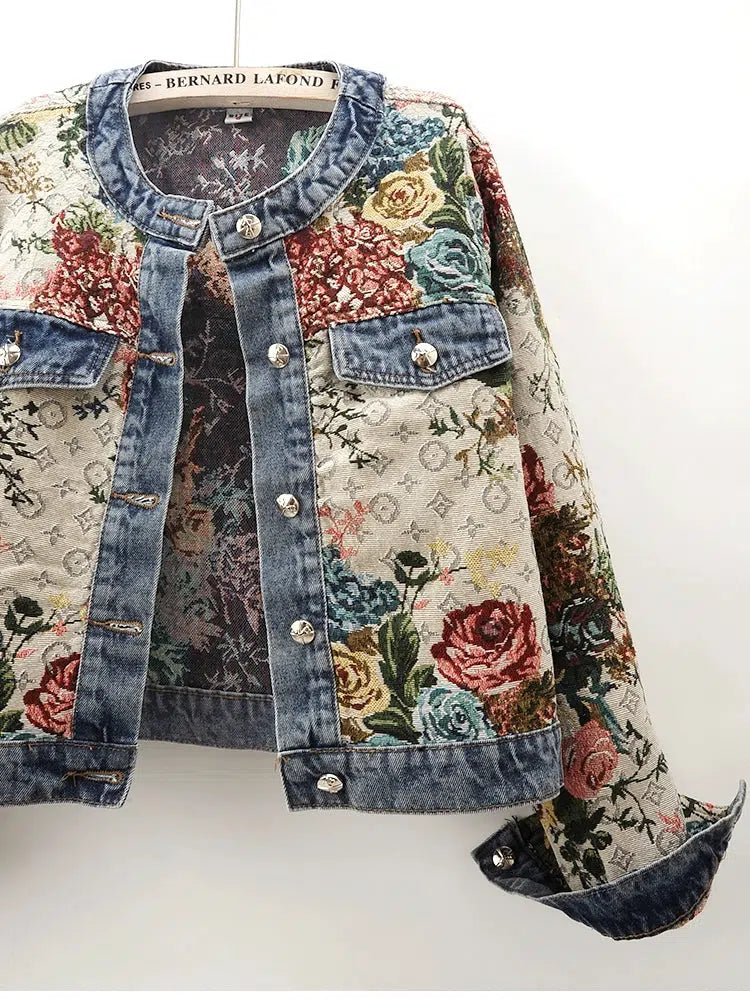 Retro Jacquard Denim Jacket with Round Neck-The Korean Fashion